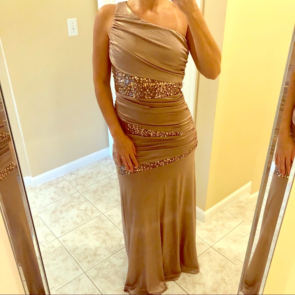 Bronze sequin evening dress.